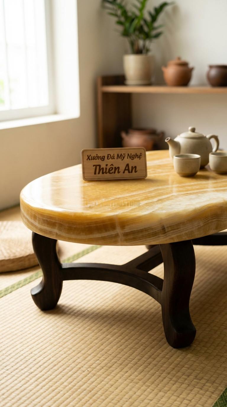 Bàn Trà Mặt Đá Chân Gỗ Tối Giản Ngọc hoàng long Nét Vẽ: Chân gỗ uốn lượn như thư pháp đỡ mặt đá hình oval 115cm x 65cm x 38cm