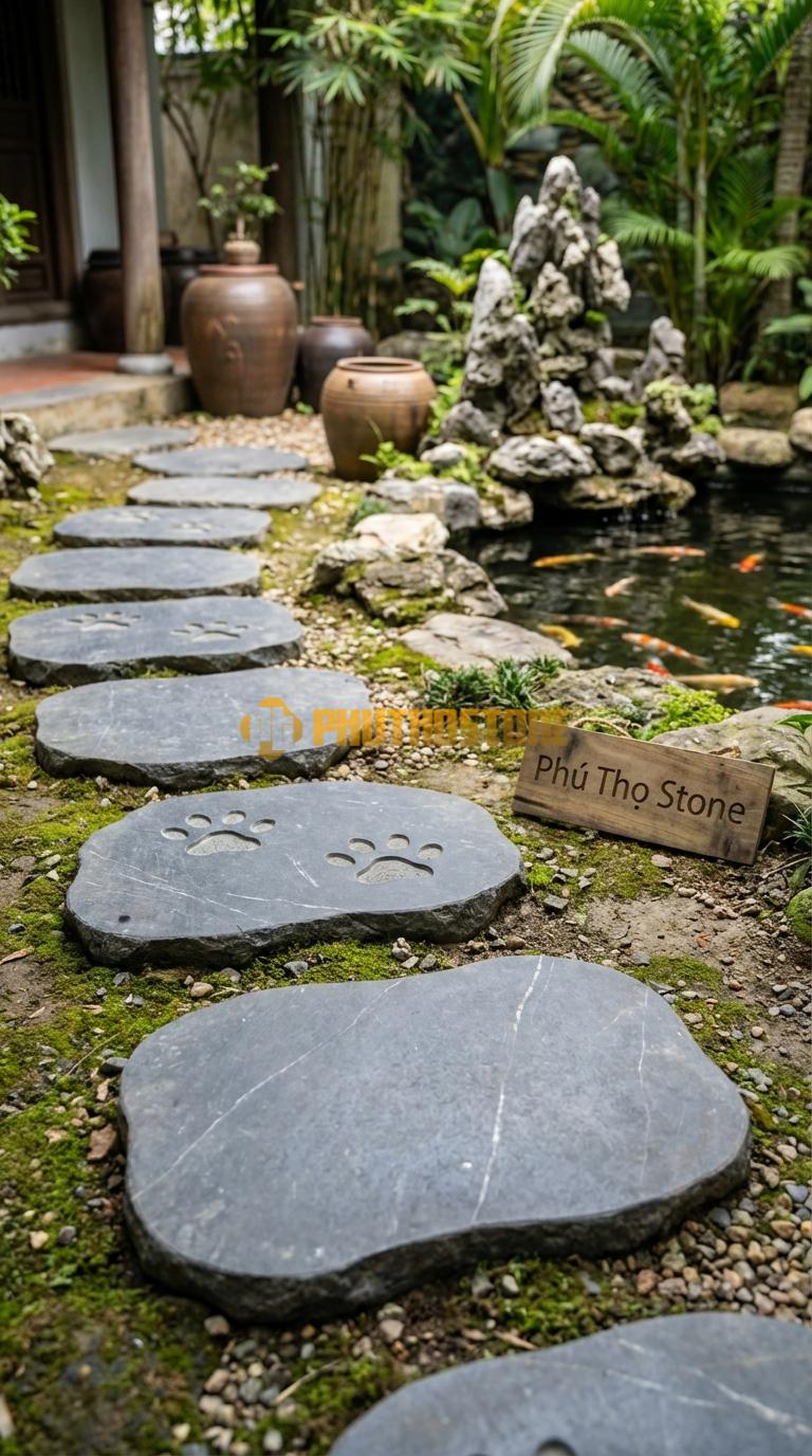 Đá Bước Dạo Hoa Văn Bước Dạo Chân Thú Đá Đen Thiên An 30 x 40, Dày 5, Bề Mặt Tạo Hình Bàn Chân Ngộ Nghĩnh