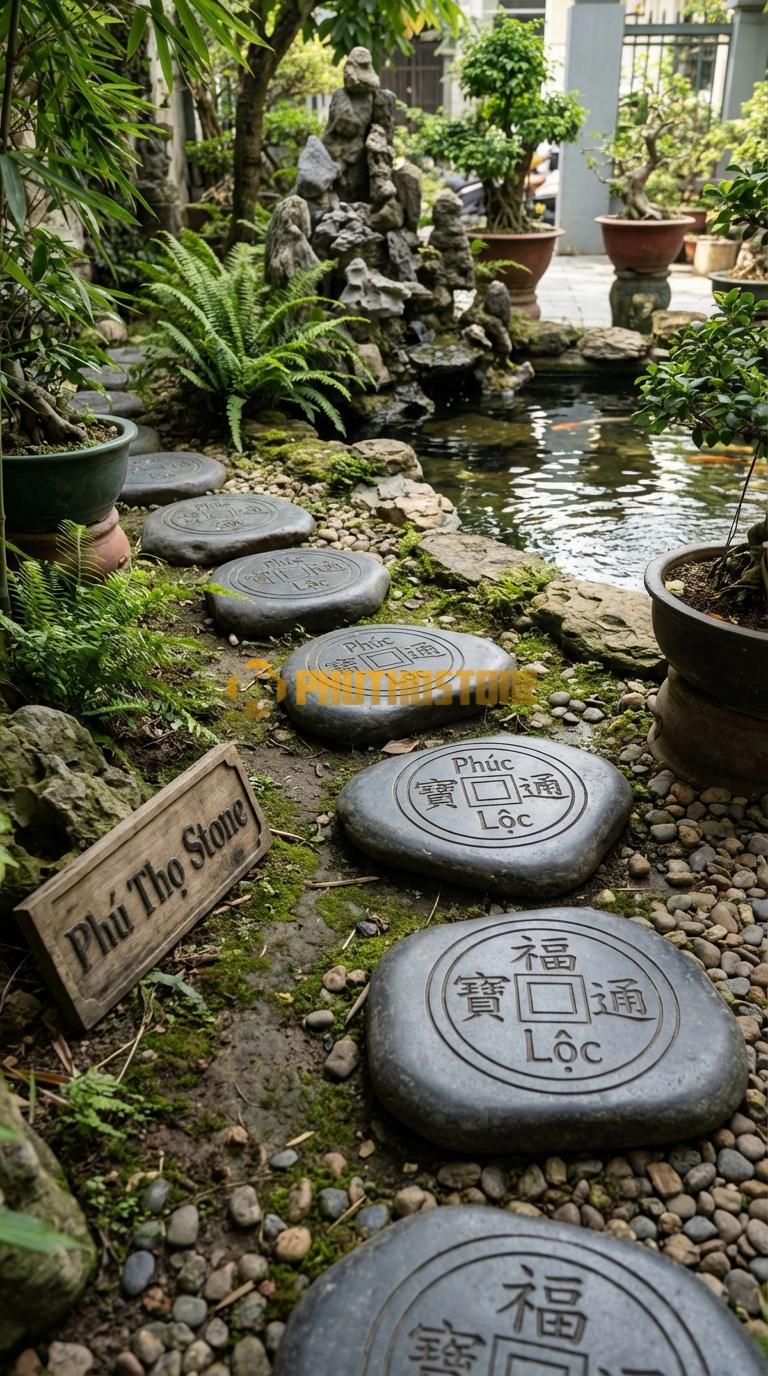 Đá Bước Dạo Hoa Văn Bước Dạo Đồng Tiền Đá Cuội Phi 35, Dày 4, Bề Mặt Khắc Hình Xu Cổ (Phúc-Lộc)