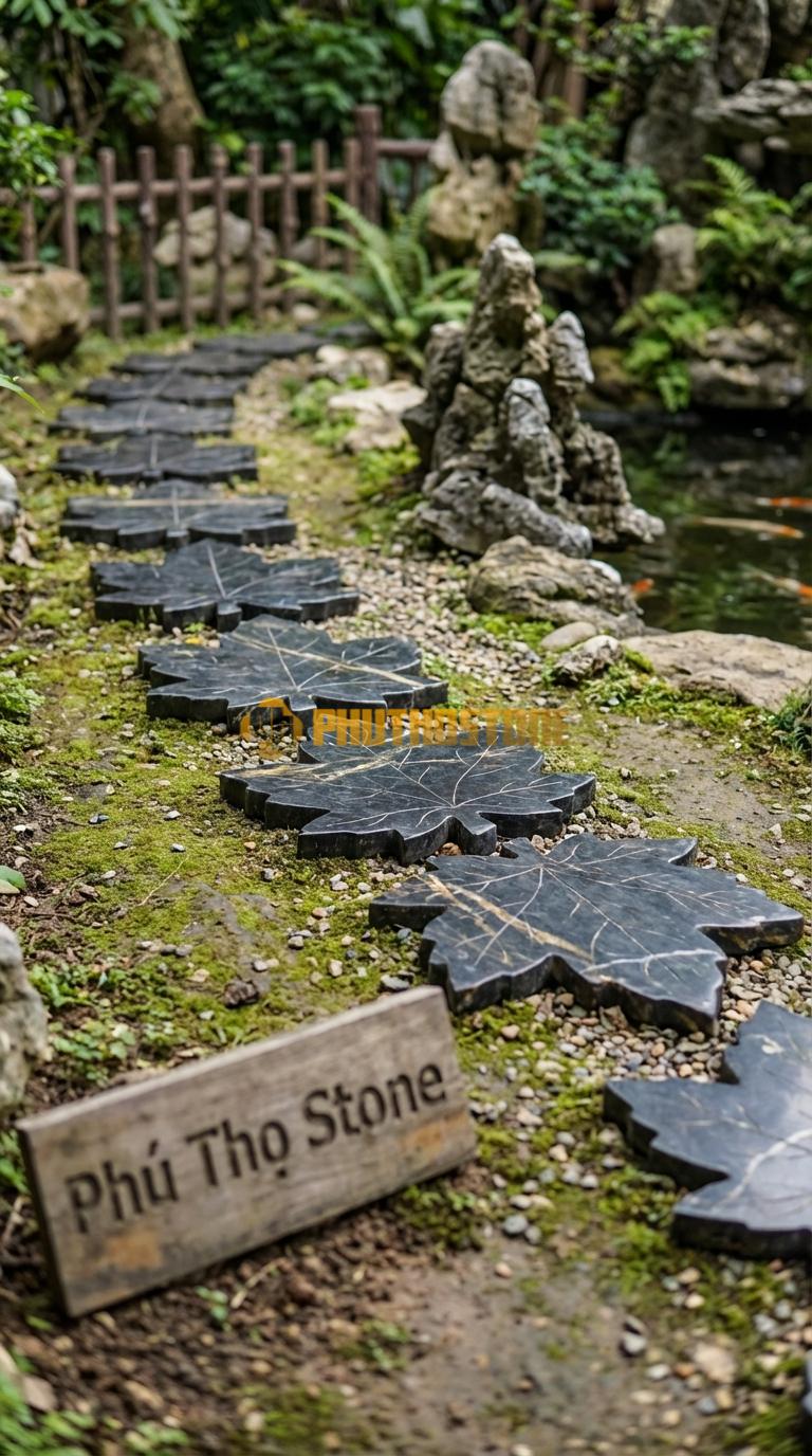 Đá Bước Dạo Hoa Văn Bước Dạo Hình Lá Phong Đá Đen Chỉ Nâu 35 x 40, Dày 4, Bề Mặt Cắt Cnc Hình Lá Phong