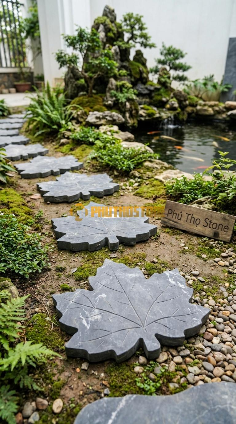 Đá Bước Dạo Hoa Văn Bước Dạo Hình Lá Phong Đá Đen Thiên An 35 x 40, Dày 4, Bề Mặt Cắt Cnc Hình Lá Phong