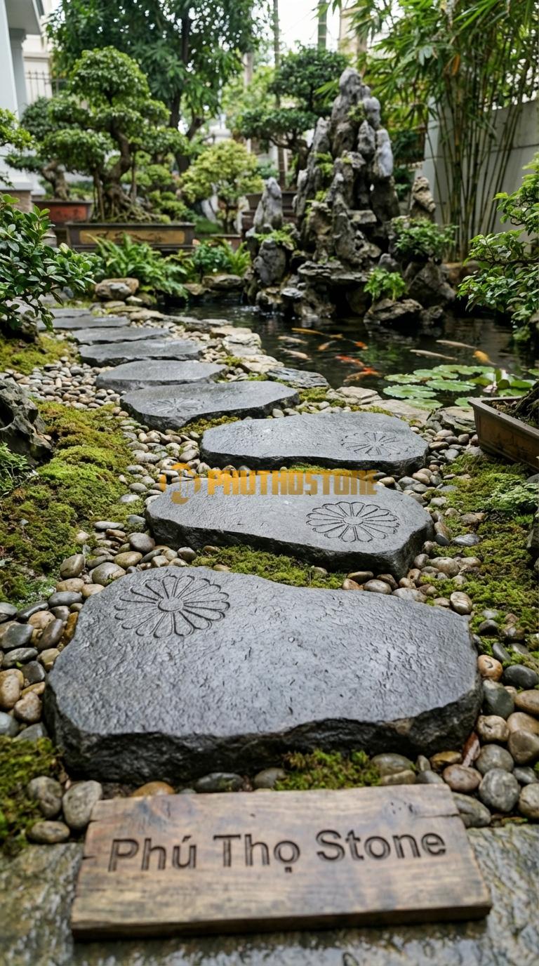 Đá Bước Dạo Hoa Văn Bước Dạo Hoa Cúc Đá Đen Chỉ Nâu 40 x 40, Dày 5, Bề Mặt Chạm Chìm Họa Tiết Cúc