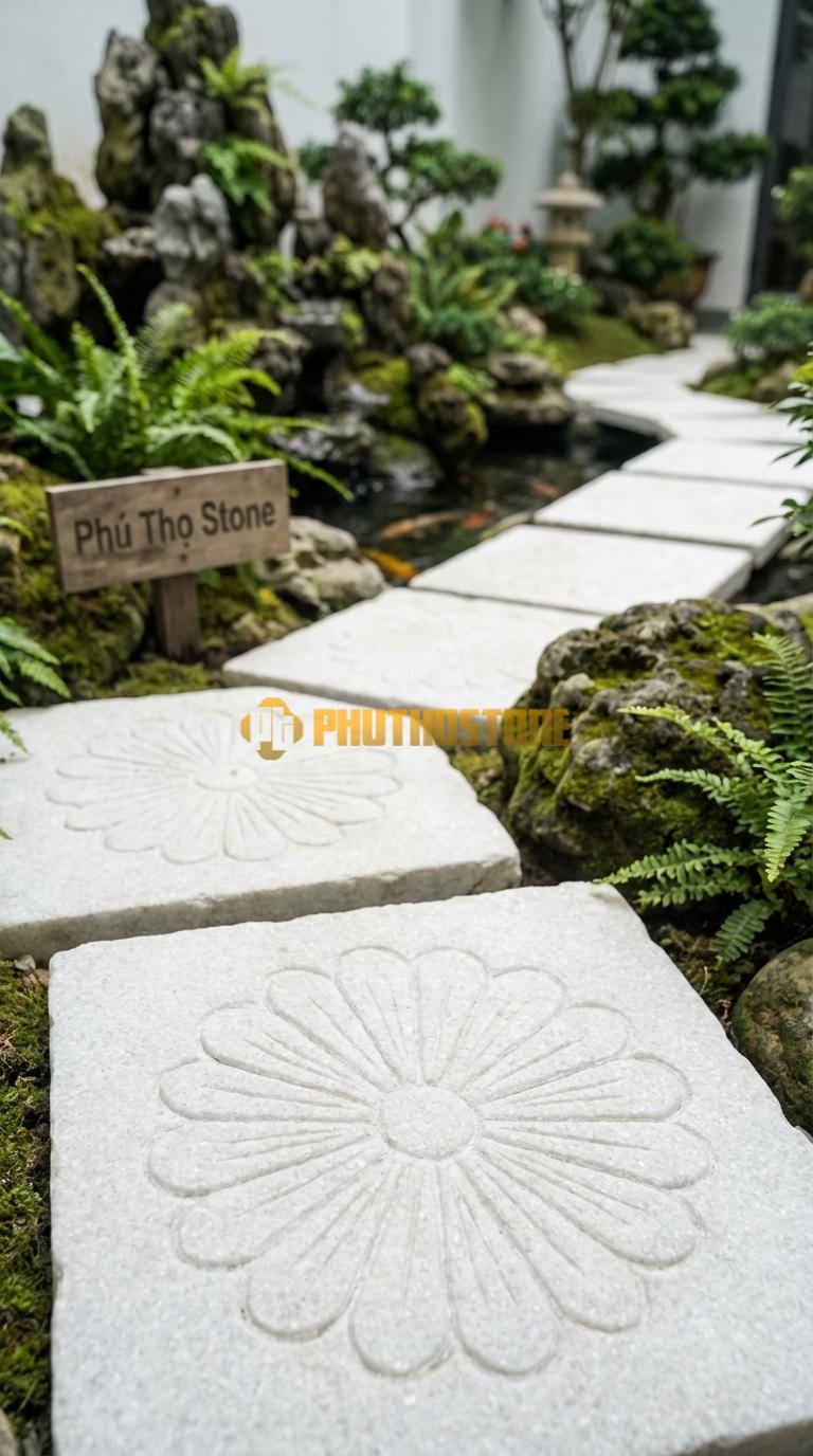 Đá Bước Dạo Hoa Văn Bước Dạo Hoa Cúc Đá Trắng Muối 40 x 40, Dày 5, Bề Mặt Chạm Chìm Họa Tiết Cúc