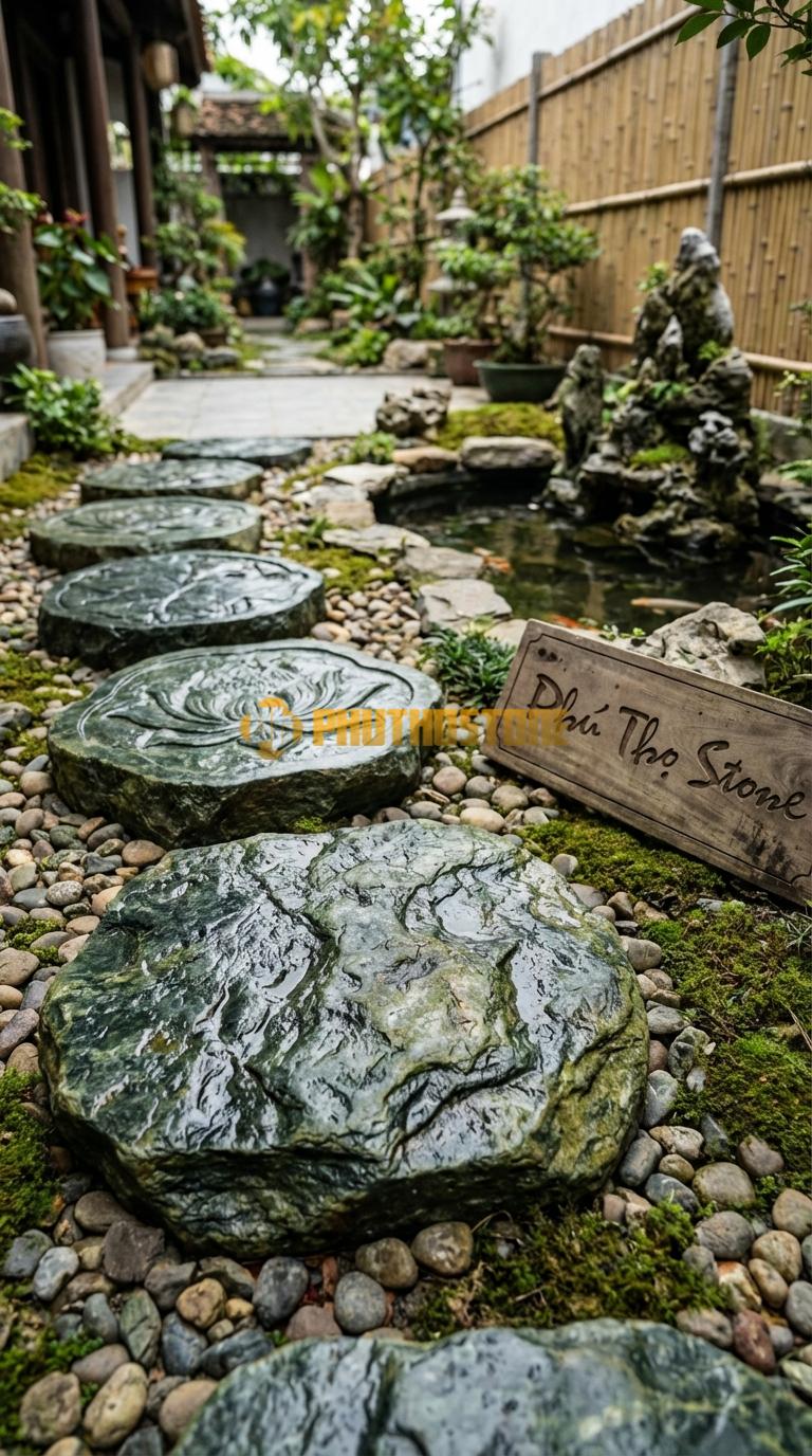 Đá Bước Dạo Hoa Văn Bước Dạo Hoa Sen Đá Xanh Rêu Phi 40, Dày 4, Bề Mặt Chạm Nổi Cánh Sen