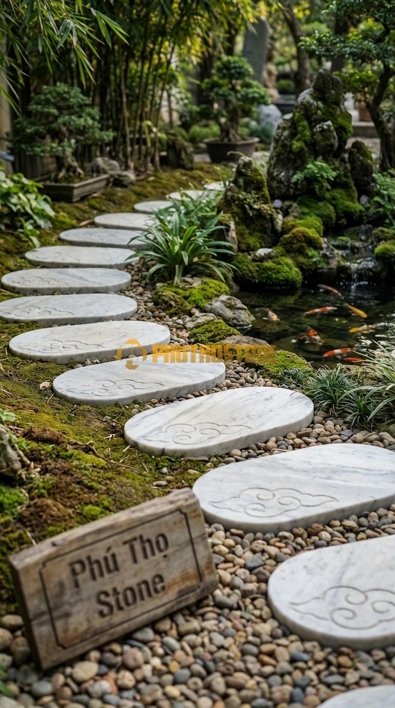 Đá Bước Dạo Hoa Văn Bước Dạo Họa Tiết Mây Đá Trắng Yên Bái 30 x 60, Dày 4, Bề Mặt Chạm Mây Uốn Lượn