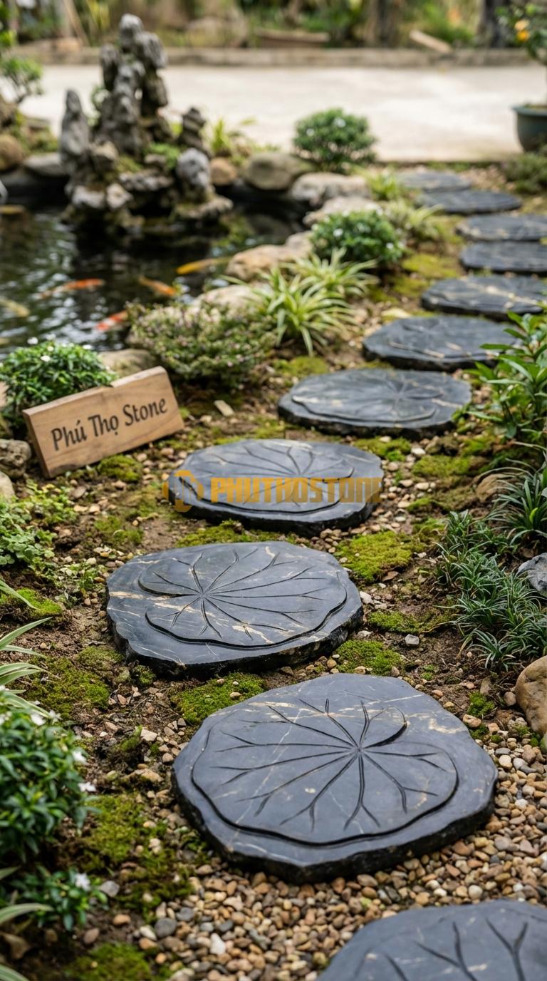 Đá Bước Dạo Hoa Văn Bước Dạo Lá Sen Đá Đen Chỉ Nâu 45 x 45, Dày 3, Bề Mặt Điêu Khắc Gân Lá Tự Nhiên