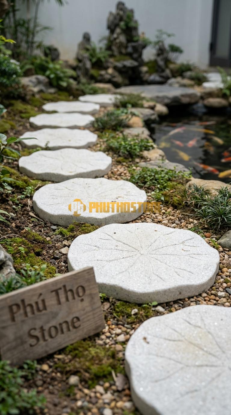Đá Bước Dạo Hoa Văn Bước Dạo Lá Sen Đá Trắng Muối 45 x 45, Dày 3, Bề Mặt Điêu Khắc Gân Lá Tự Nhiên