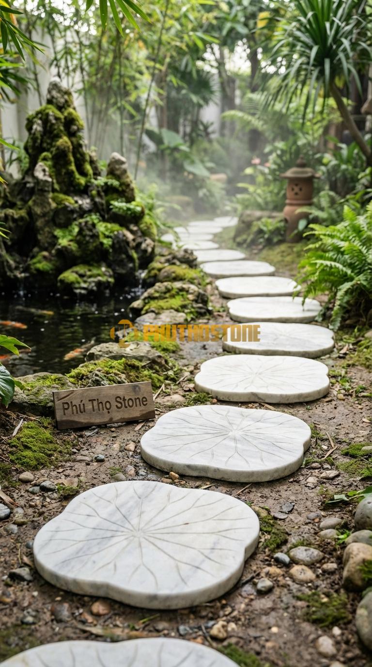 Đá Bước Dạo Hoa Văn Bước Dạo Lá Sen Đá Trắng Xanh 45 x 45, Dày 3, Bề Mặt Điêu Khắc Gân Lá Tự Nhiên