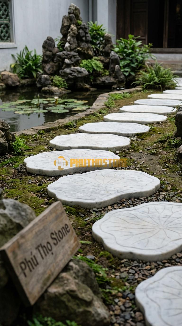 Đá Bước Dạo Hoa Văn Bước Dạo Lá Sen Đá Trắng Yên Bái 45 x 45, Dày 3, Bề Mặt Điêu Khắc Gân Lá Tự Nhiên