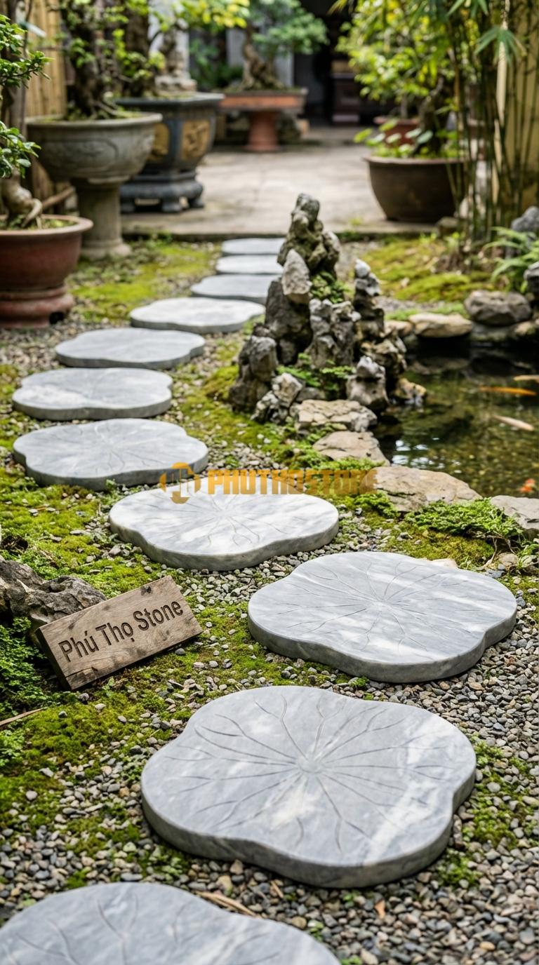 Đá Bước Dạo Hoa Văn Bước Dạo Lá Sen Đá Xám Vân Mây 45 x 45, Dày 3, Bề Mặt Điêu Khắc Gân Lá Tự Nhiên