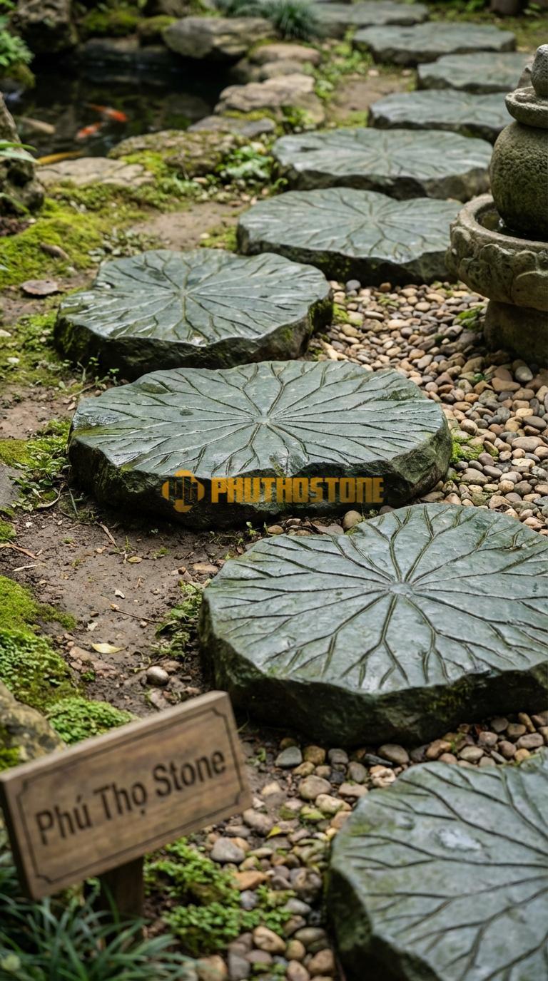 Đá Bước Dạo Hoa Văn Bước Dạo Lá Sen Đá Xanh Rêu 45 x 45, Dày 3, Bề Mặt Điêu Khắc Gân Lá Tự Nhiên