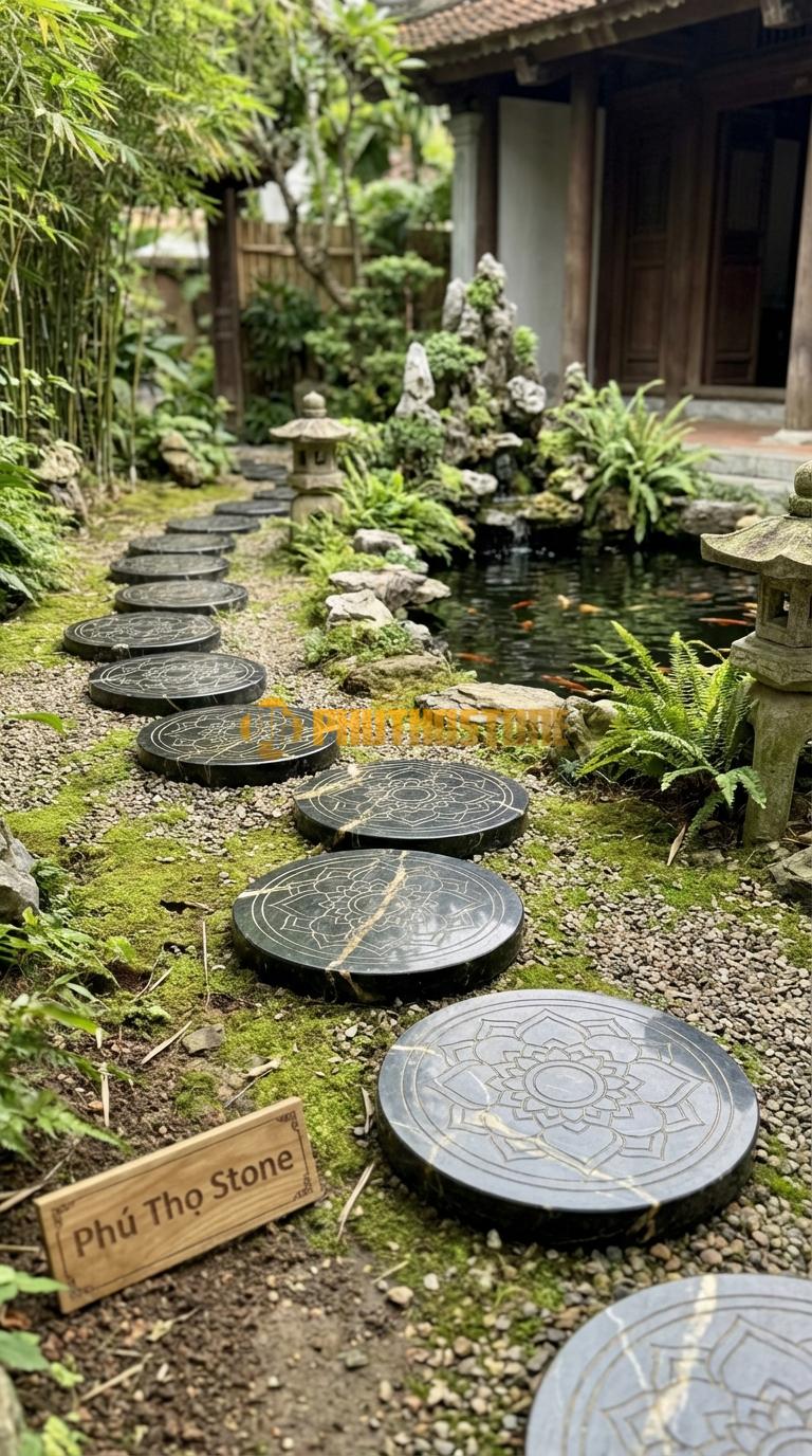Đá Bước Dạo Hoa Văn Bước Dạo Mandala Đá Đen Chỉ Nâu Phi 45, Dày 5, Bề Mặt Hoa Văn Đối Xứng Phạn