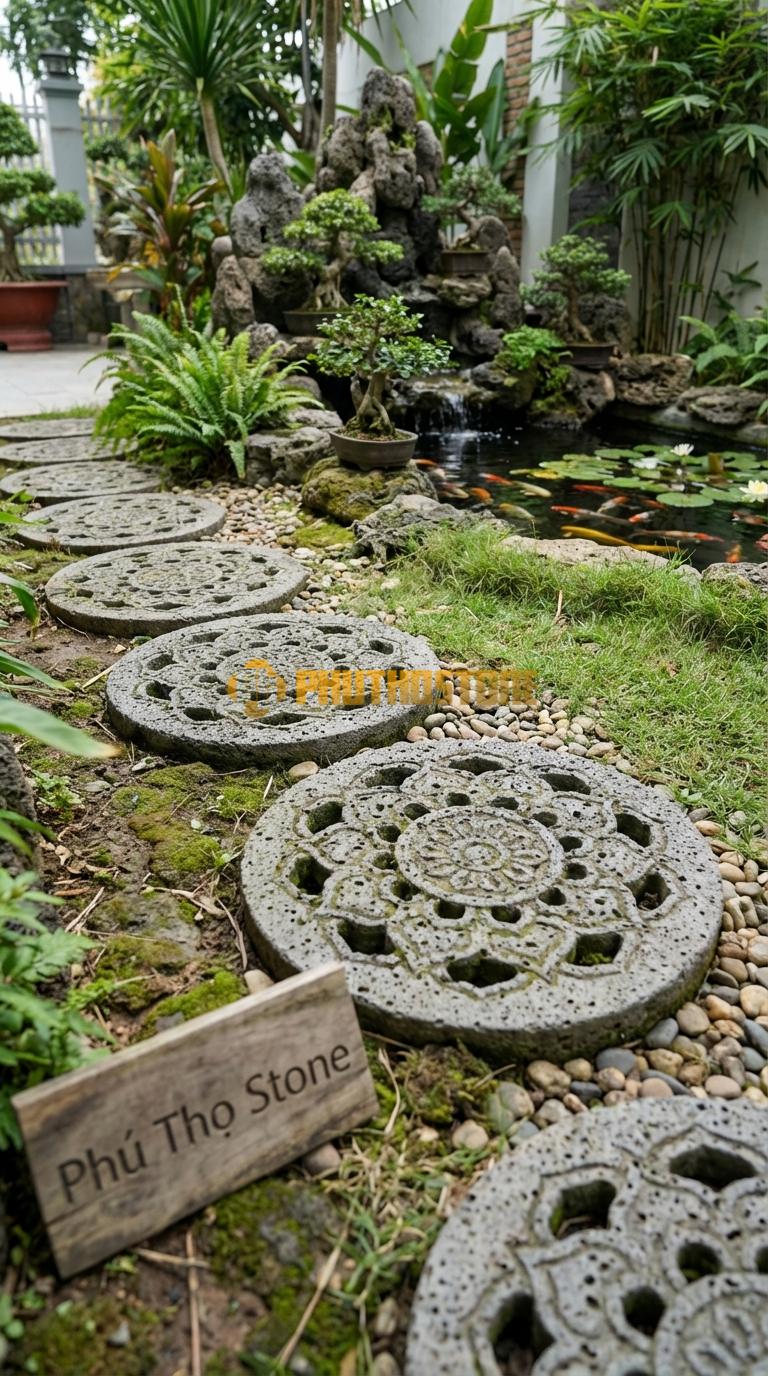 Đá Bước Dạo Hoa Văn Bước Dạo Mandala Đá Ong Xám Phi 45, Dày 5, Bề Mặt Hoa Văn Đối Xứng Phạn