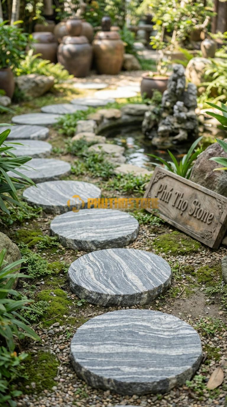 Đá Bước Dạo Hoa Văn Bước Dạo Mandala Đá Sọc Dưa Phi 45, Dày 5, Bề Mặt Hoa Văn Đối Xứng Phạn