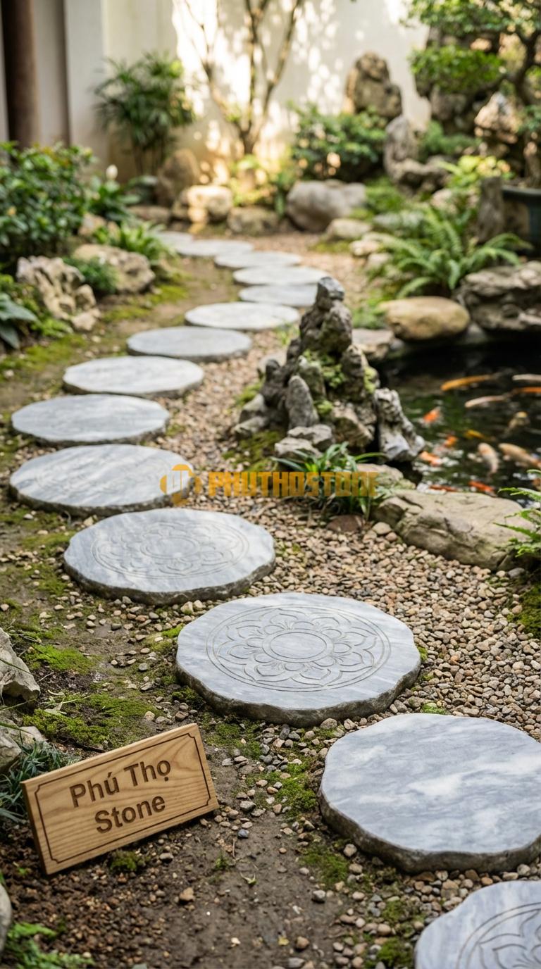 Đá Bước Dạo Hoa Văn Bước Dạo Mandala Đá Xám Vân Mây Phi 45, Dày 5, Bề Mặt Hoa Văn Đối Xứng Phạn