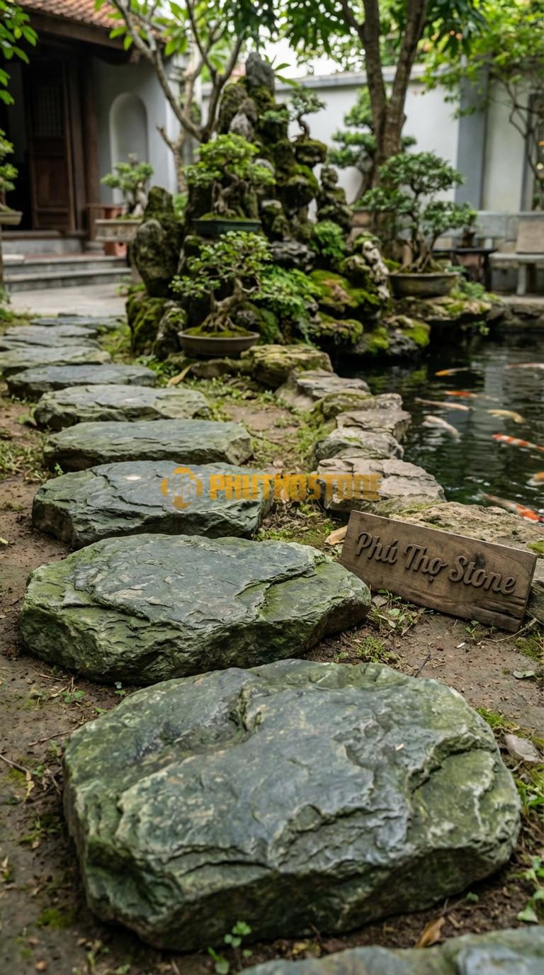 Đá Bước Dạo Hoa Văn Bước Dạo Mandala Đá Xanh Rêu Phi 45, Dày 5, Bề Mặt Hoa Văn Đối Xứng Phạn