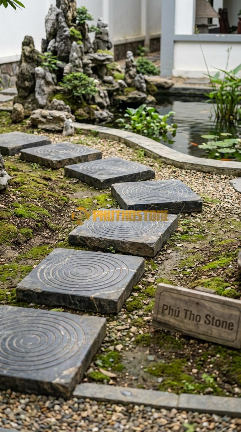 Đá Bước Dạo Hoa Văn Bước Dạo Vòng Xoáy Đá Đen Chỉ Nâu 40 x 40, Dày 4, Bề Mặt Khắc Rãnh Xoắn Ốc