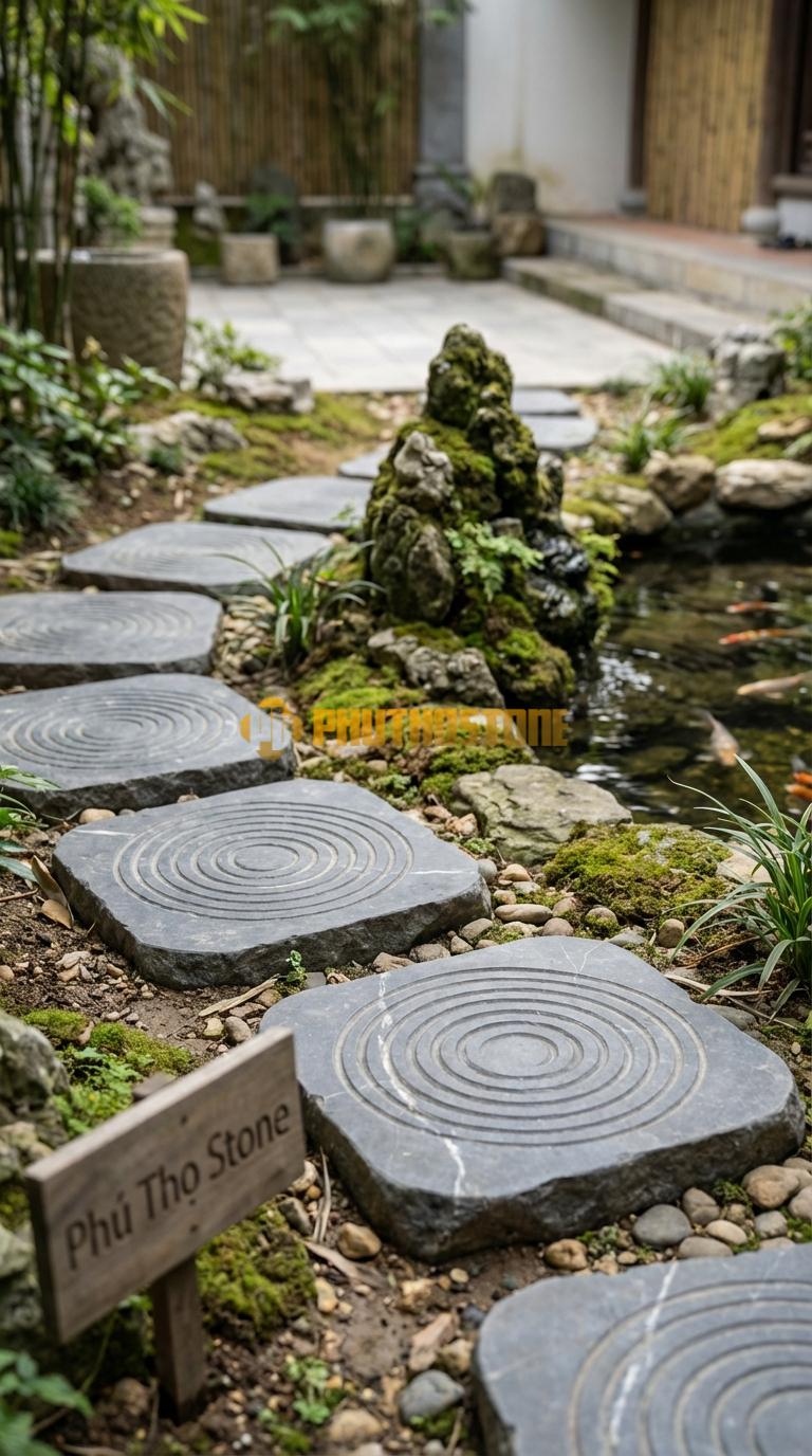 Đá Bước Dạo Hoa Văn Bước Dạo Vòng Xoáy Đá Đen Thiên An 40 x 40, Dày 4, Bề Mặt Khắc Rãnh Xoắn Ốc