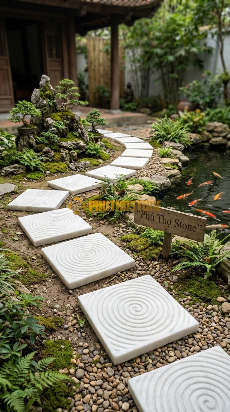 Đá Bước Dạo Hoa Văn Bước Dạo Vòng Xoáy Đá Trắng Muối 40 x 40, Dày 4, Bề Mặt Khắc Rãnh Xoắn Ốc