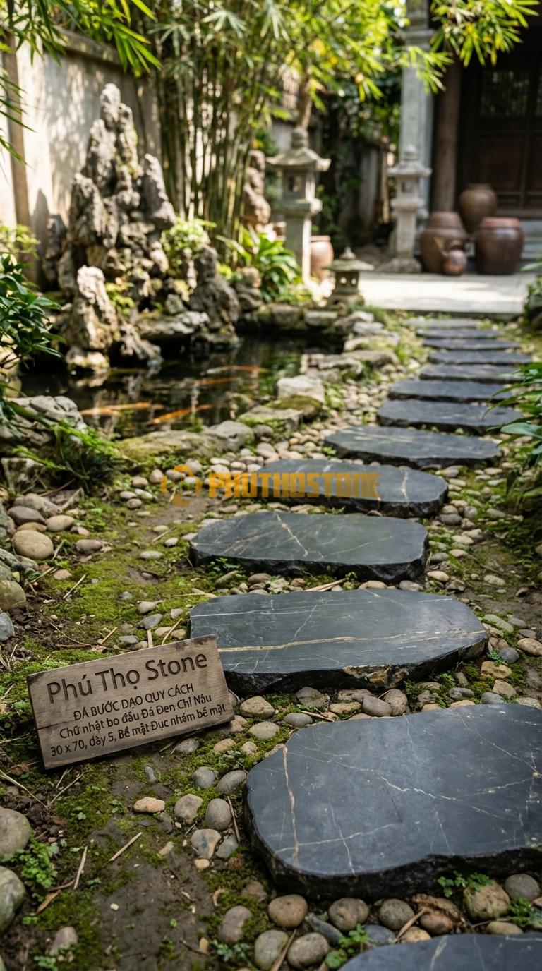 Đá Bước Dạo Quy Cách Chữ Nhật Bo Đầu Đá Đen Chỉ Nâu 30 x 70, Dày 5, Bề Mặt Đục Nhám Bề Mặt