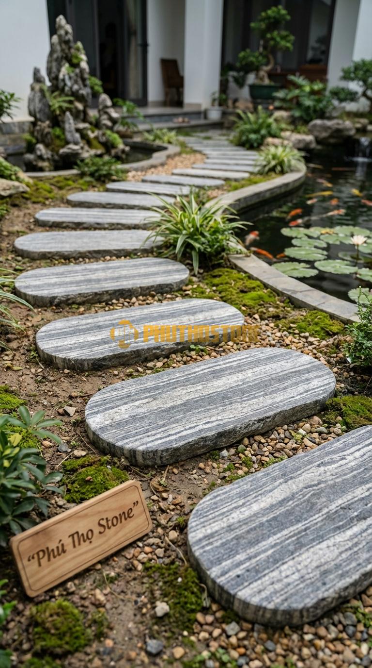 Đá Bước Dạo Quy Cách Chữ Nhật Bo Đầu Đá Sọc Dưa 30 x 70, Dày 5, Bề Mặt Đục Nhám Bề Mặt