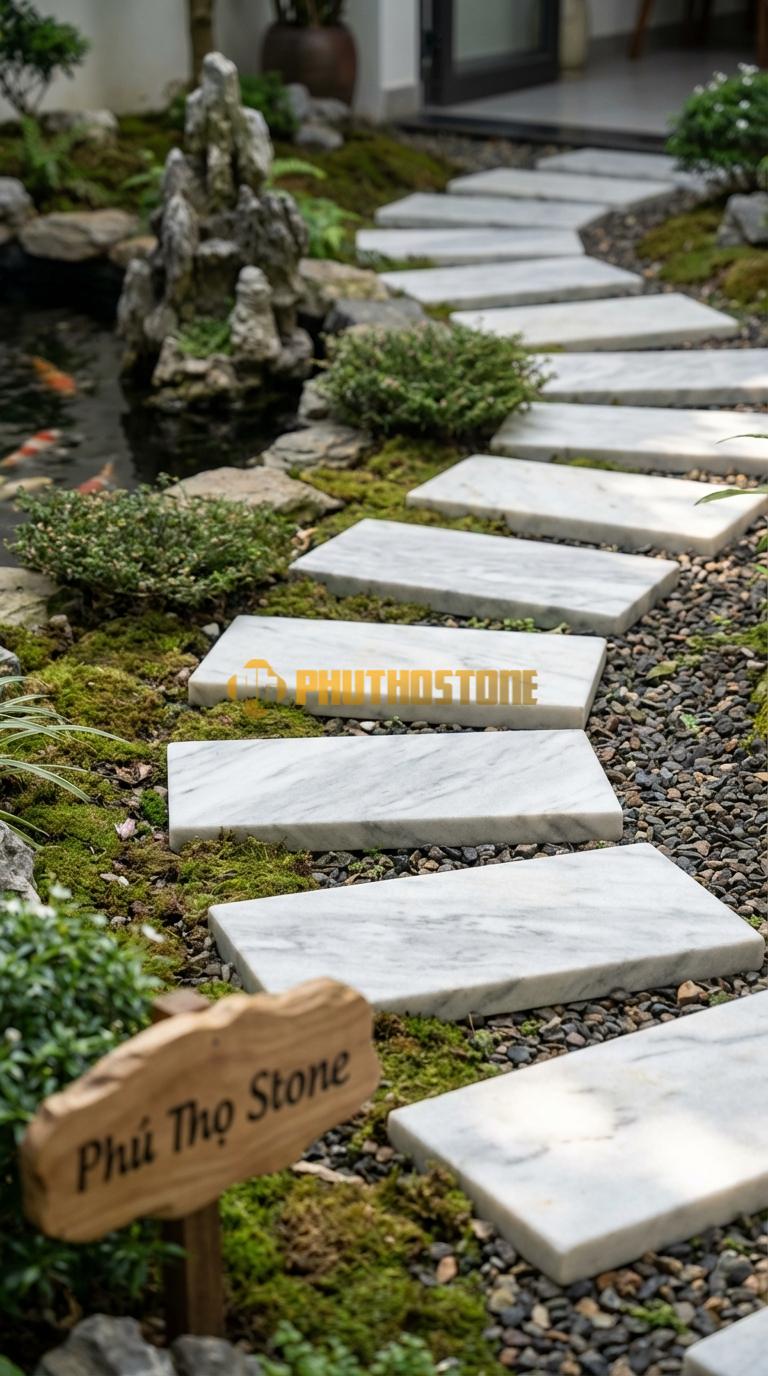 Đá Bước Dạo Quy Cách Chữ Nhật Bo Đầu Đá Trắng Xanh 30 x 70, Dày 5, Bề Mặt Đục Nhám Bề Mặt