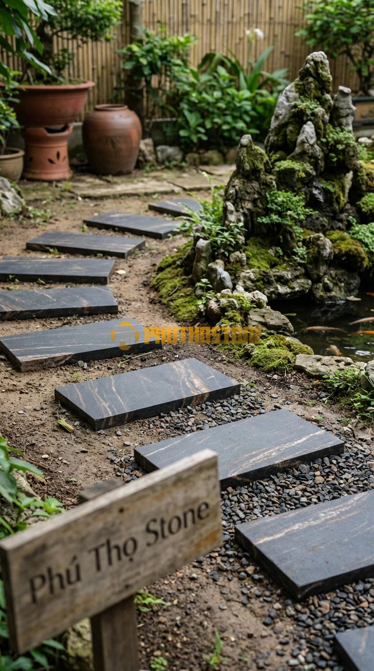 Đá Bước Dạo Quy Cách Chữ Nhật Thanh Đá Đen Chỉ Nâu 30 x 60, Dày 4, Bề Mặt Mài Cát (Sandblasted)