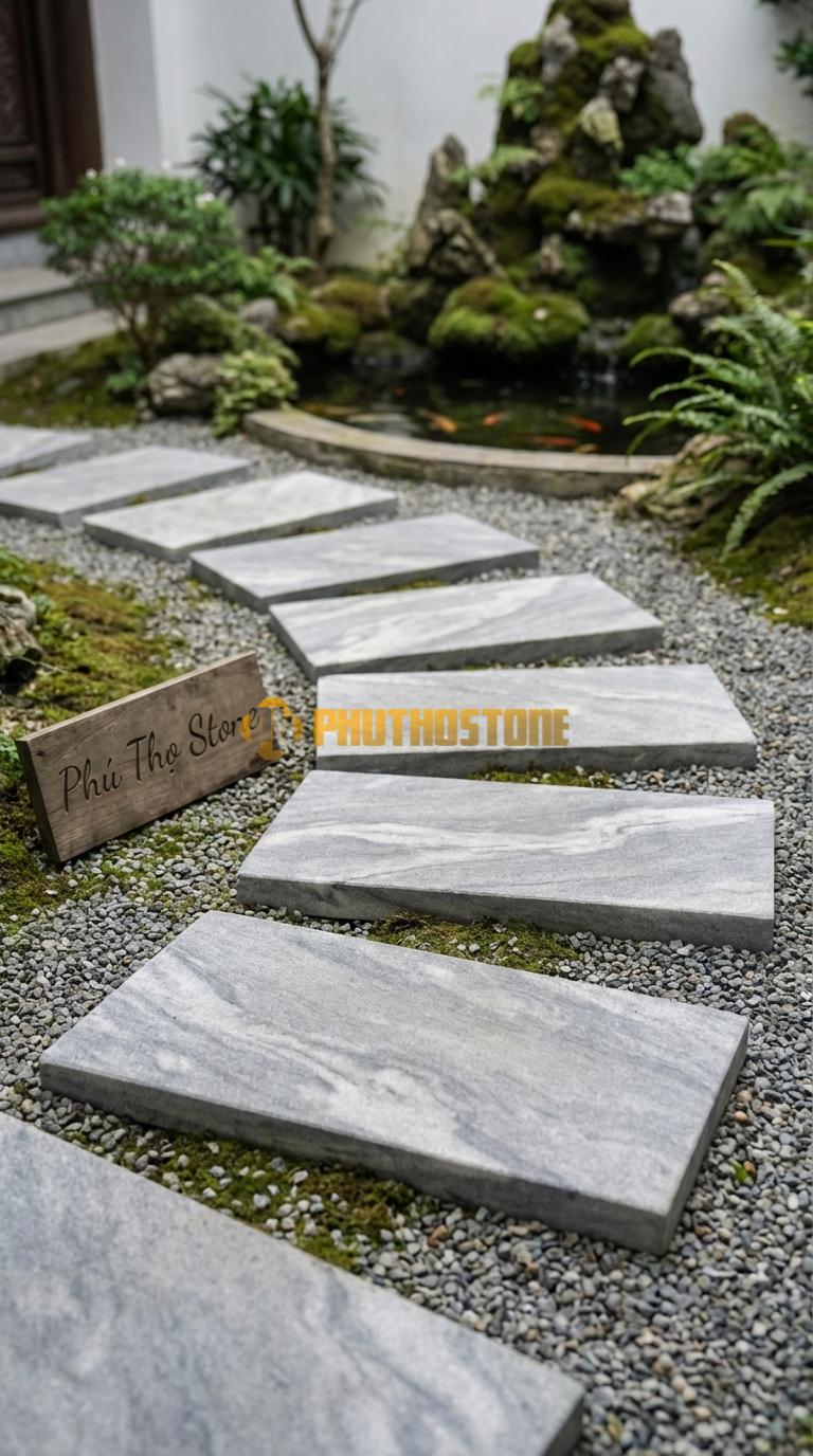 Đá Bước Dạo Quy Cách Chữ Nhật Thanh Đá Xám Vân Mây 30 x 60, Dày 4, Bề Mặt Mài Cát (Sandblasted)