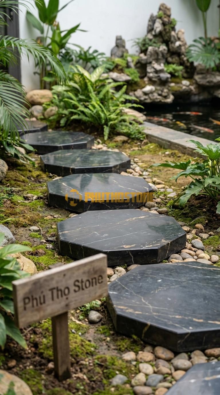 Đá Bước Dạo Quy Cách Hình Bát Giác Đá Đen Chỉ Nâu Cạnh 20, Dày 4, Bề Mặt Băm Trừ Viền Cạnh