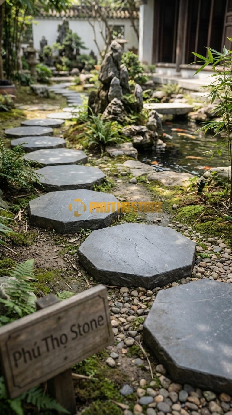 Đá Bước Dạo Quy Cách Hình Bát Giác Đá Đen Thiên An Cạnh 20, Dày 4, Bề Mặt Băm Trừ Viền Cạnh