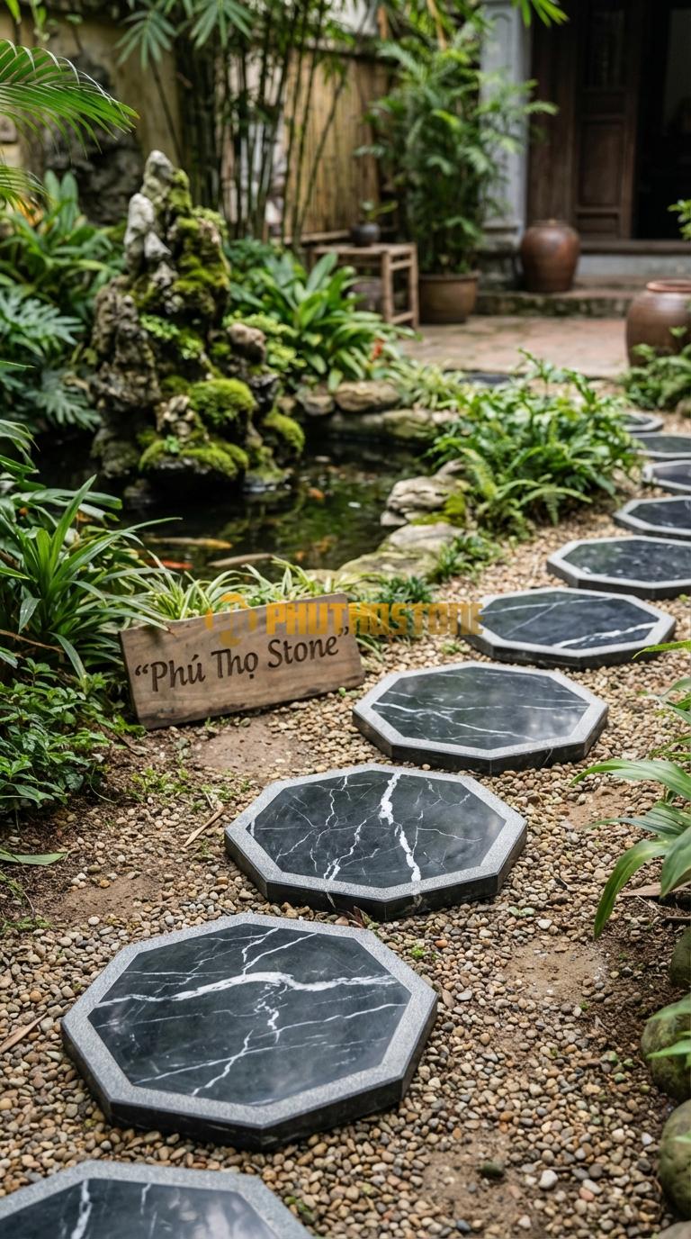 Đá Bước Dạo Quy Cách Hình Bát Giác Đá Đen Tia Chớp Cạnh 20, Dày 4, Bề Mặt Băm Trừ Viền Cạnh