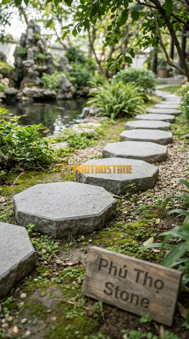 Đá Bước Dạo Quy Cách Hình Bát Giác Đá Granite Cạnh 20, Dày 4, Bề Mặt Băm Trừ Viền Cạnh