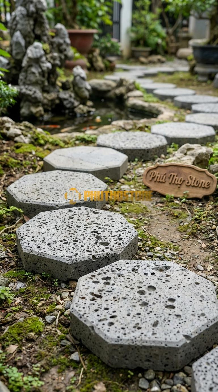 Đá Bước Dạo Quy Cách Hình Bát Giác Đá Ong Xám Cạnh 20, Dày 4, Bề Mặt Băm Trừ Viền Cạnh
