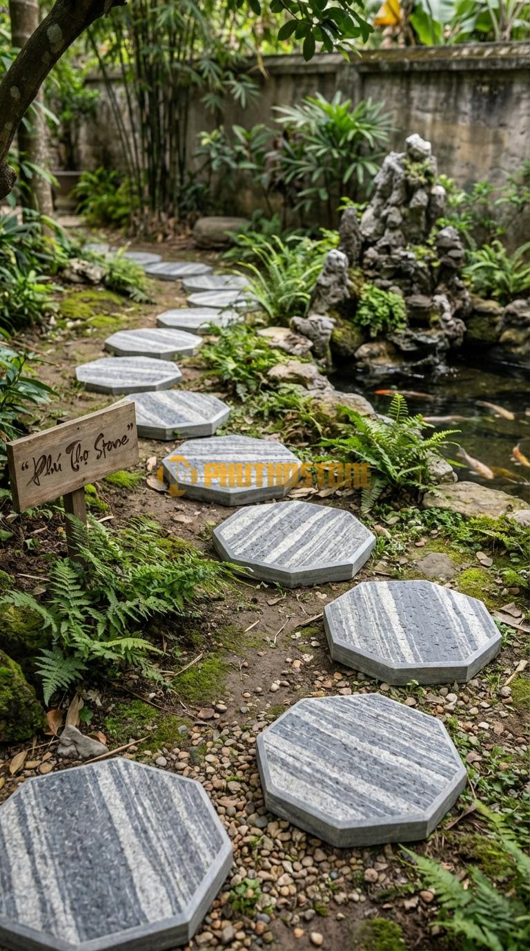 Đá Bước Dạo Quy Cách Hình Bát Giác Đá Sọc Dưa Cạnh 20, Dày 4, Bề Mặt Băm Trừ Viền Cạnh