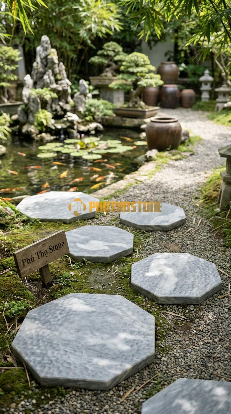 Đá Bước Dạo Quy Cách Hình Bát Giác Đá Xám Vân Mây Cạnh 20, Dày 4, Bề Mặt Băm Trừ Viền Cạnh