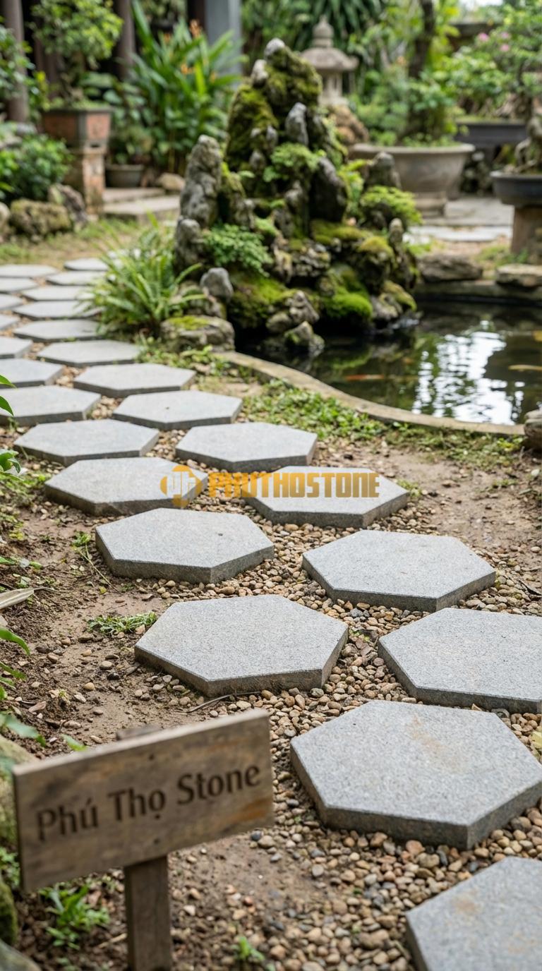 Đá Bước Dạo Quy Cách Hình Lục Giác Đều Đá Granite Cạnh 25, Dày 3, Bề Mặt Khò Nhám Chống Trơn