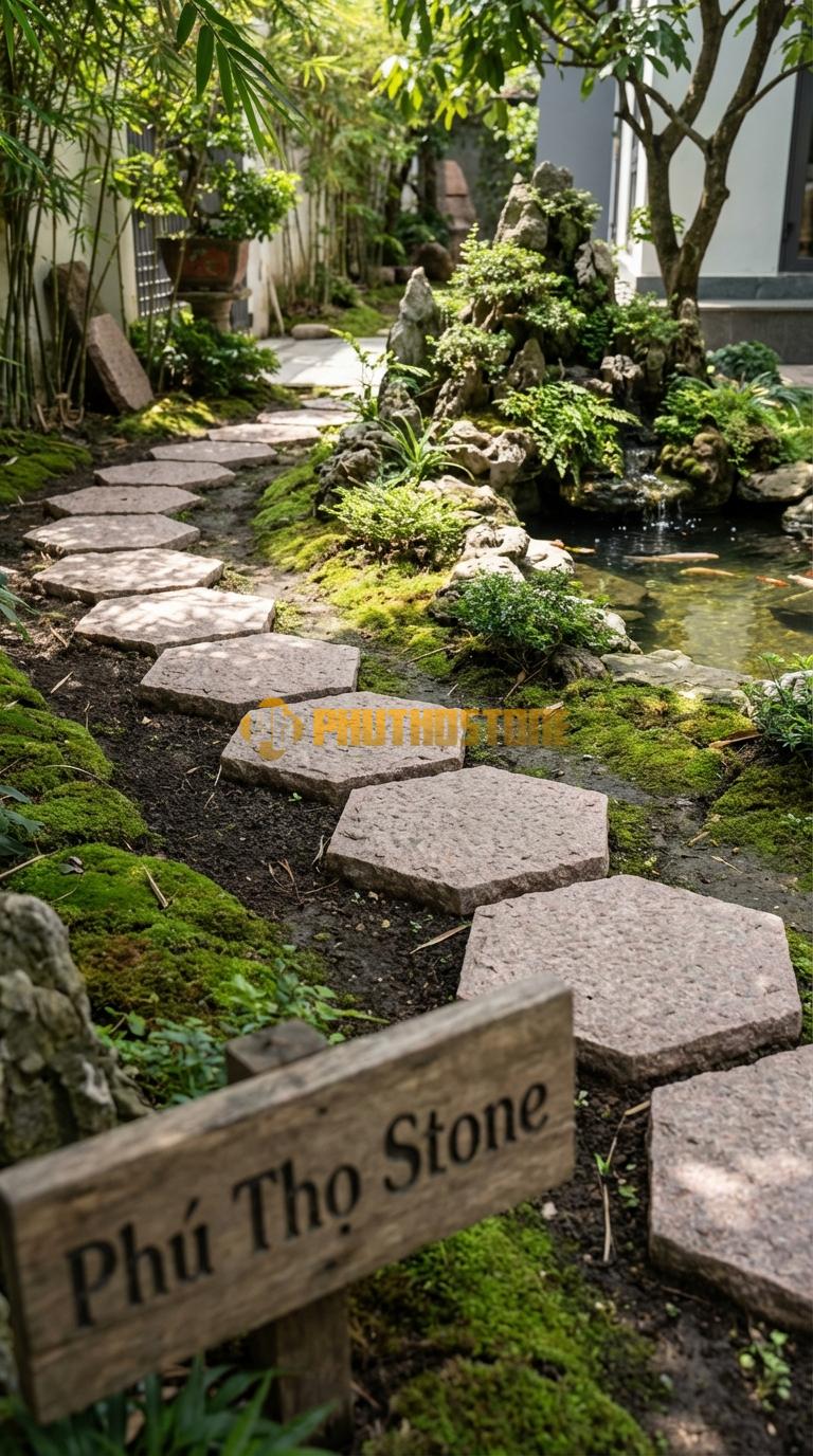 Đá Bước Dạo Quy Cách Hình Lục Giác Đều Đá Hồng Cạnh 25, Dày 3, Bề Mặt Khò Nhám Chống Trơn