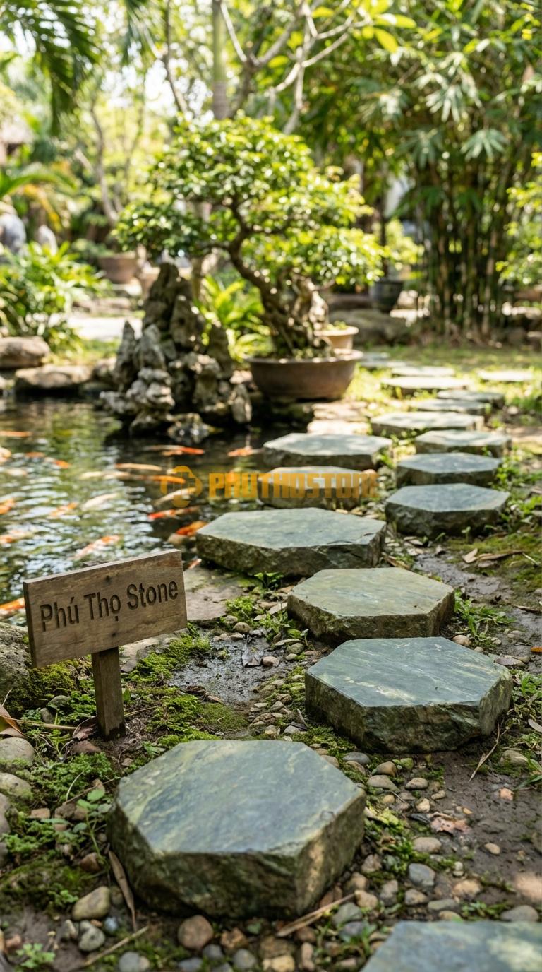 Đá Bước Dạo Quy Cách Hình Lục Giác Đều Đá Serpentine Cạnh 25, Dày 3, Bề Mặt Khò Nhám Chống Trơn