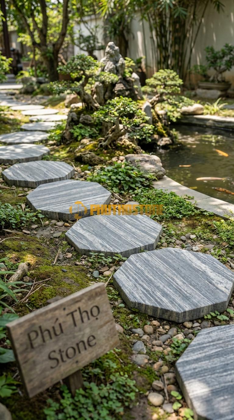 Đá Bước Dạo Quy Cách Hình Lục Giác Đều Đá Sọc Dưa Cạnh 25, Dày 3, Bề Mặt Khò Nhám Chống Trơn