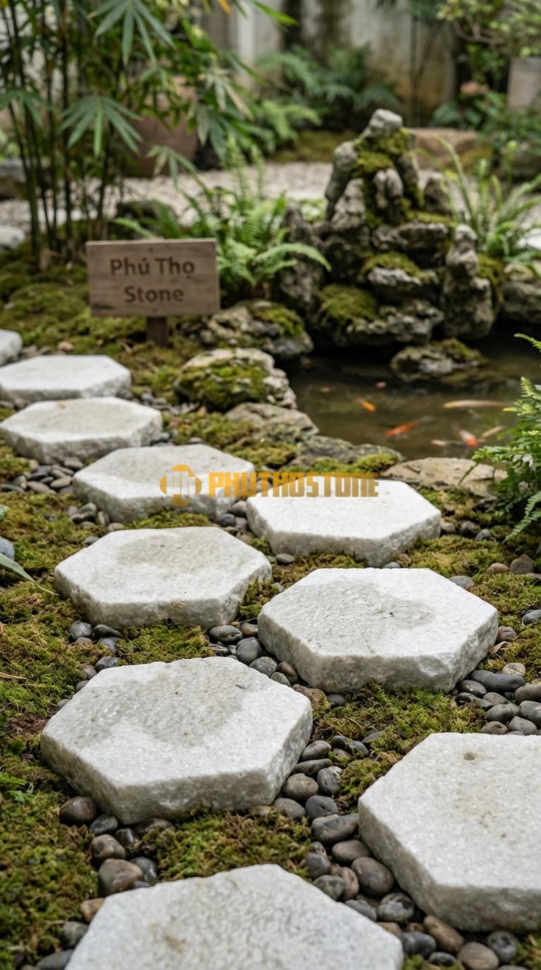 Đá Bước Dạo Quy Cách Hình Lục Giác Đều Đá Trắng Muối Cạnh 25, Dày 3, Bề Mặt Khò Nhám Chống Trơn