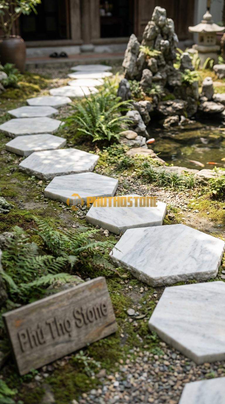 Đá Bước Dạo Quy Cách Hình Lục Giác Đều Đá Trắng Xanh Cạnh 25, Dày 3, Bề Mặt Khò Nhám Chống Trơn