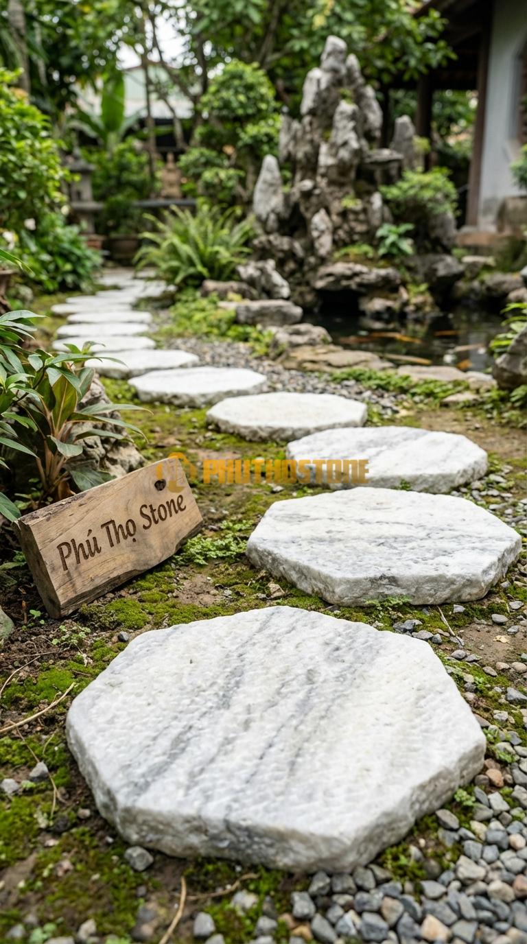 Đá Bước Dạo Quy Cách Hình Lục Giác Đều Đá Trắng Yên Bái Cạnh 25, Dày 3, Bề Mặt Khò Nhám Chống Trơn