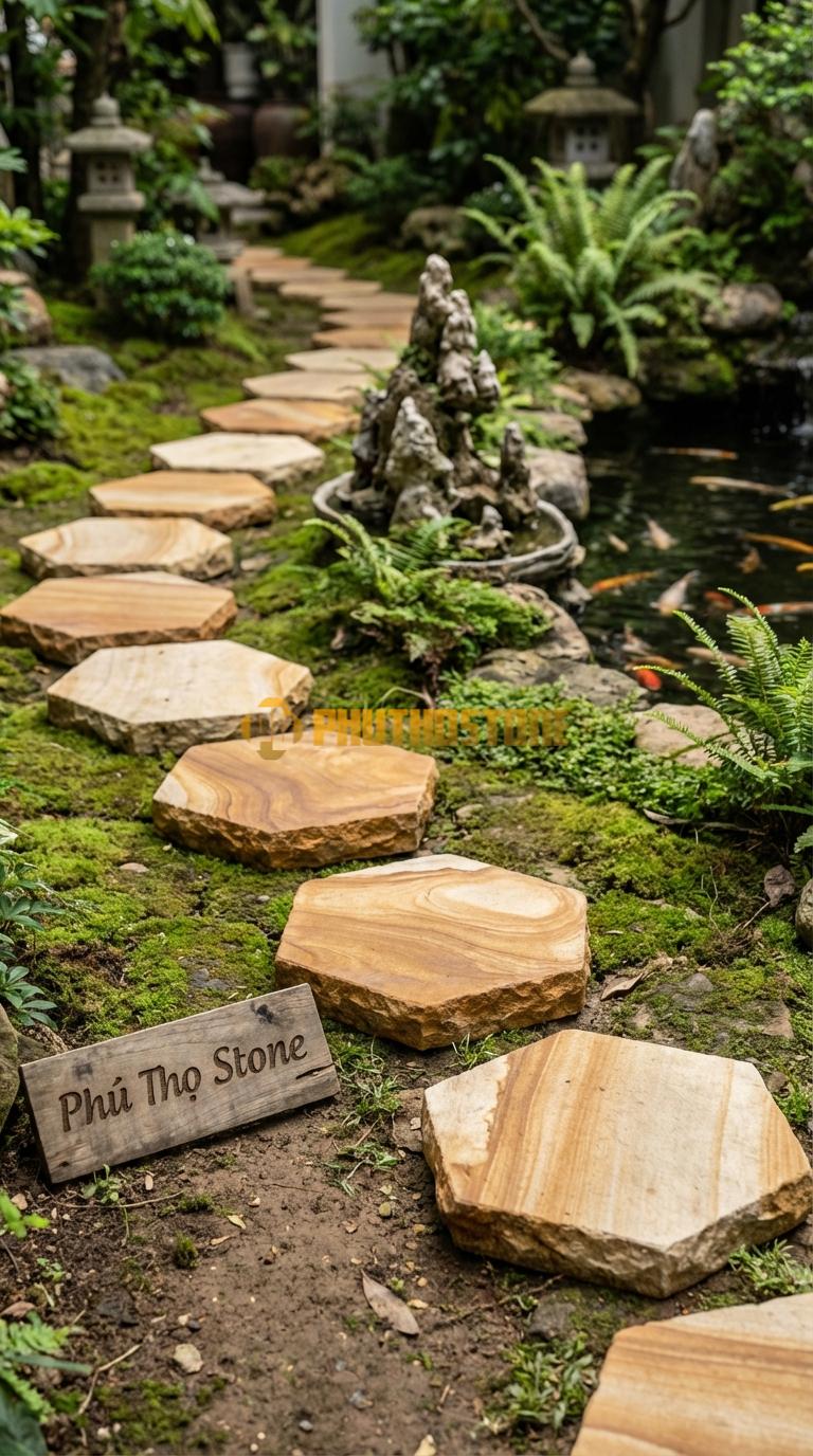 Đá Bước Dạo Quy Cách Hình Lục Giác Đều Đá Vân Gỗ Cạnh 25, Dày 3, Bề Mặt Khò Nhám Chống Trơn