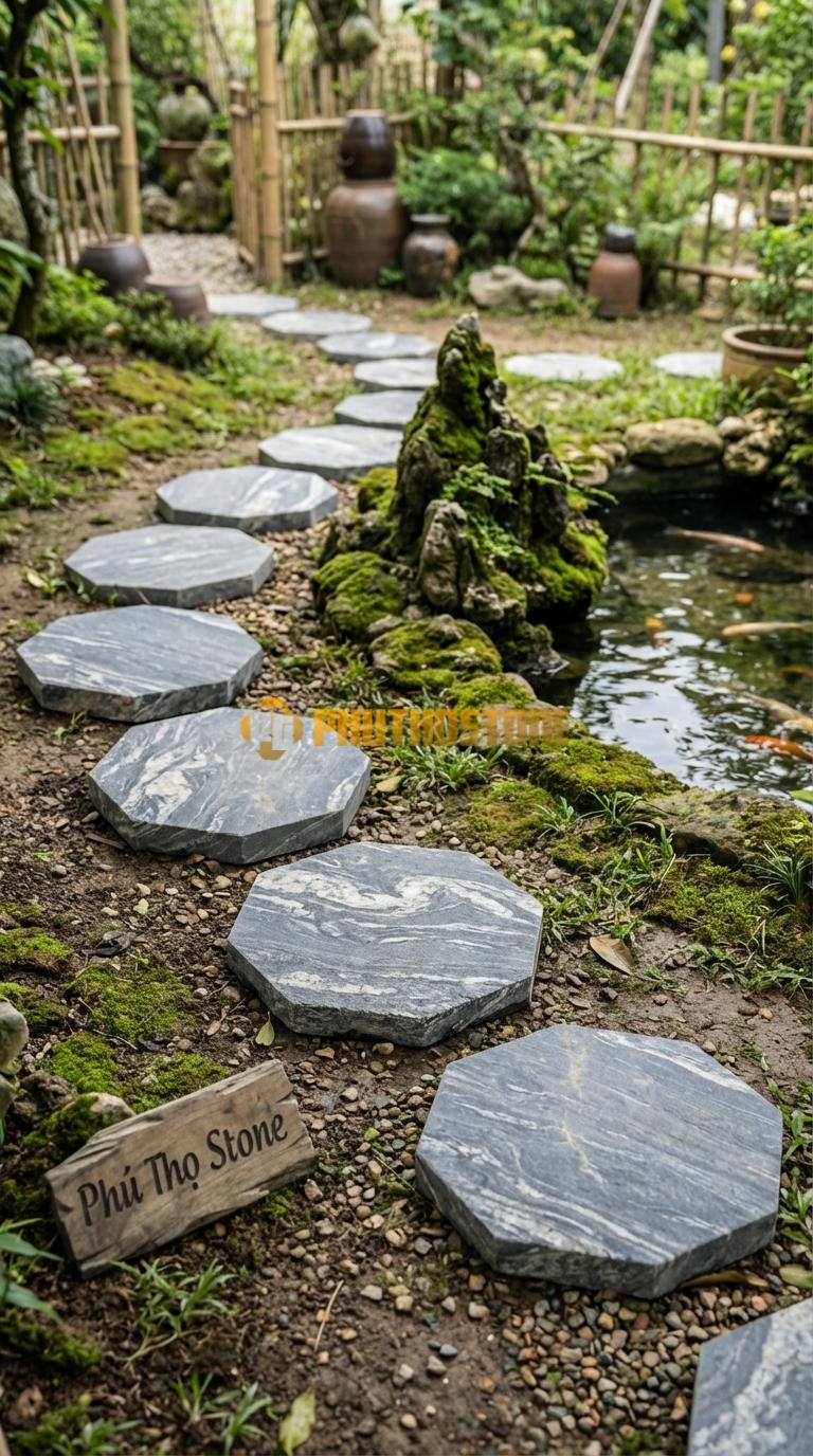 Đá Bước Dạo Quy Cách Hình Lục Giác Đều Đá Vân Mây Cạnh 25, Dày 3, Bề Mặt Khò Nhám Chống Trơn