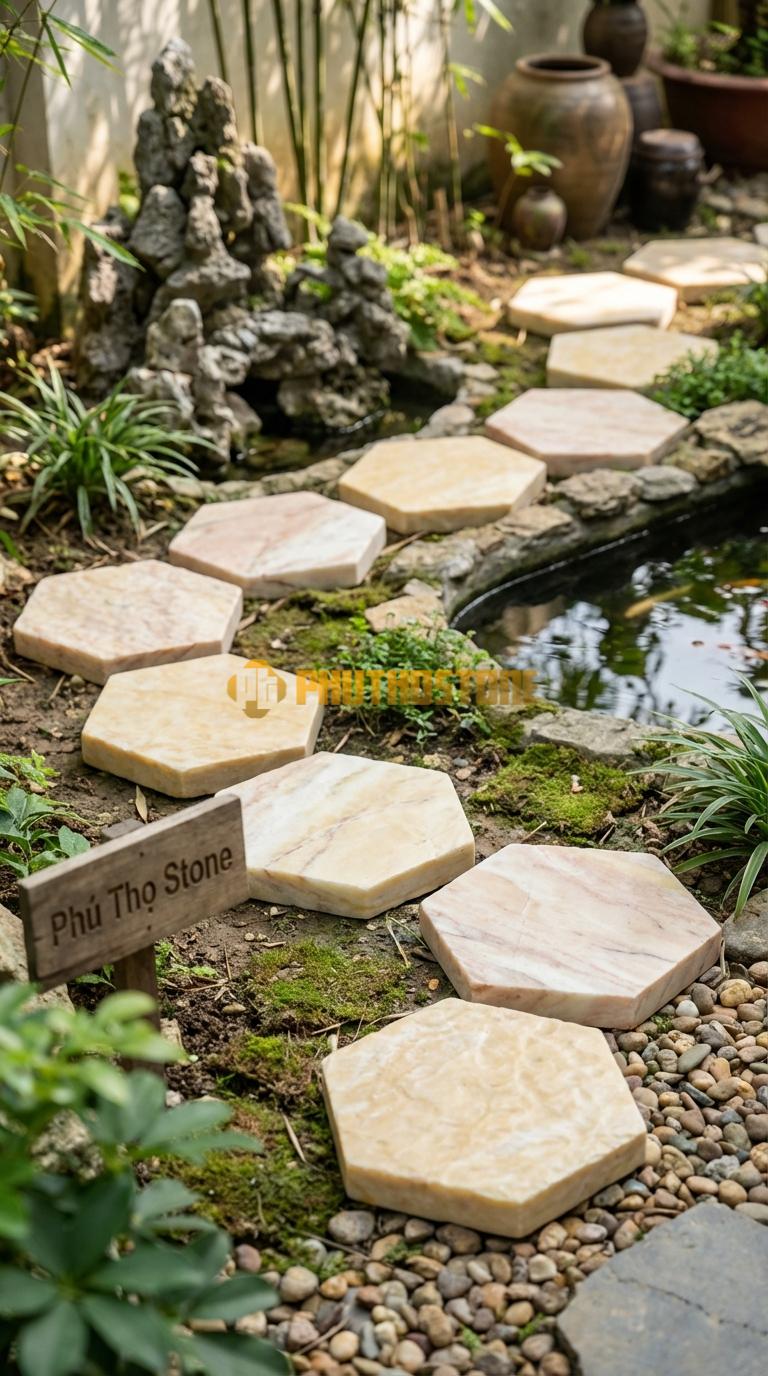 Đá Bước Dạo Quy Cách Hình Lục Giác Đều Đá Vàng Nghệ An Cạnh 25, Dày 3, Bề Mặt Khò Nhám Chống Trơn