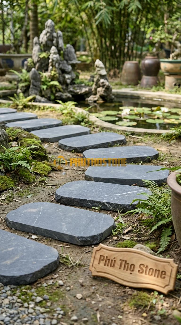 Đá Bước Dạo Quy Cách Hình Thoi Cân Đá Đen Thiên An 30 x 50, Dày 3, Bề Mặt Phun Cát Mịn