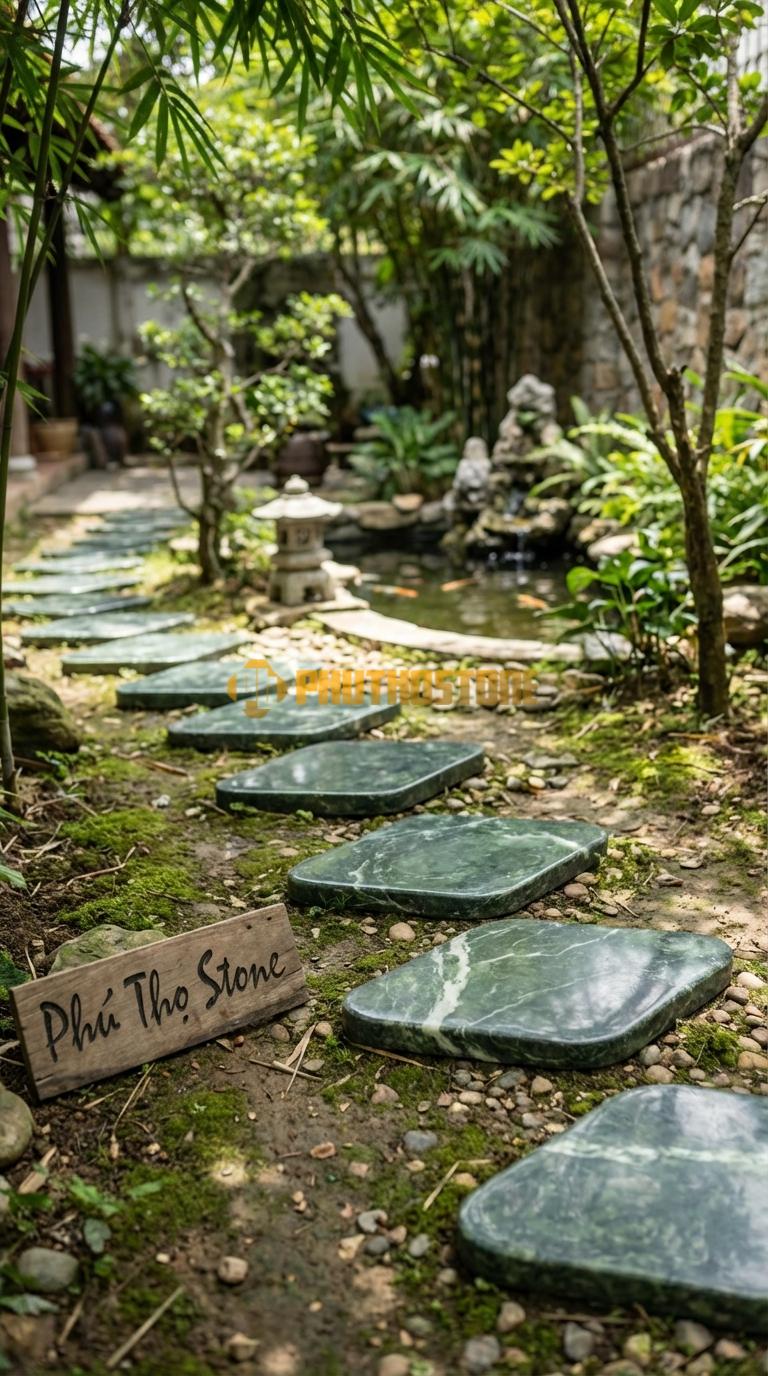 Đá Bước Dạo Quy Cách Hình Thoi Cân Đá Serpentine 30 x 50, Dày 3, Bề Mặt Phun Cát Mịn