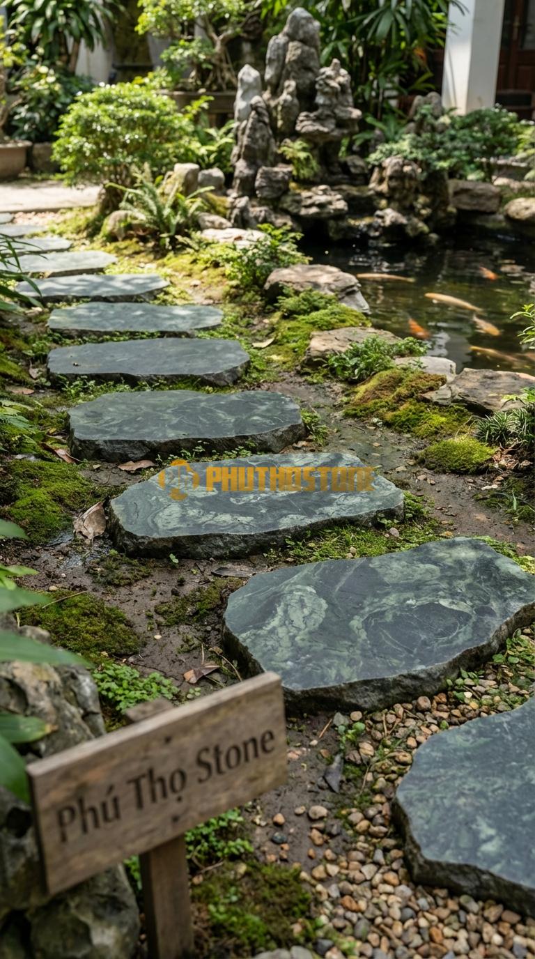 Đá Bước Dạo Quy Cách Hình Thoi Cân Đá Xanh Rêu 30 x 50, Dày 3, Bề Mặt Phun Cát Mịn