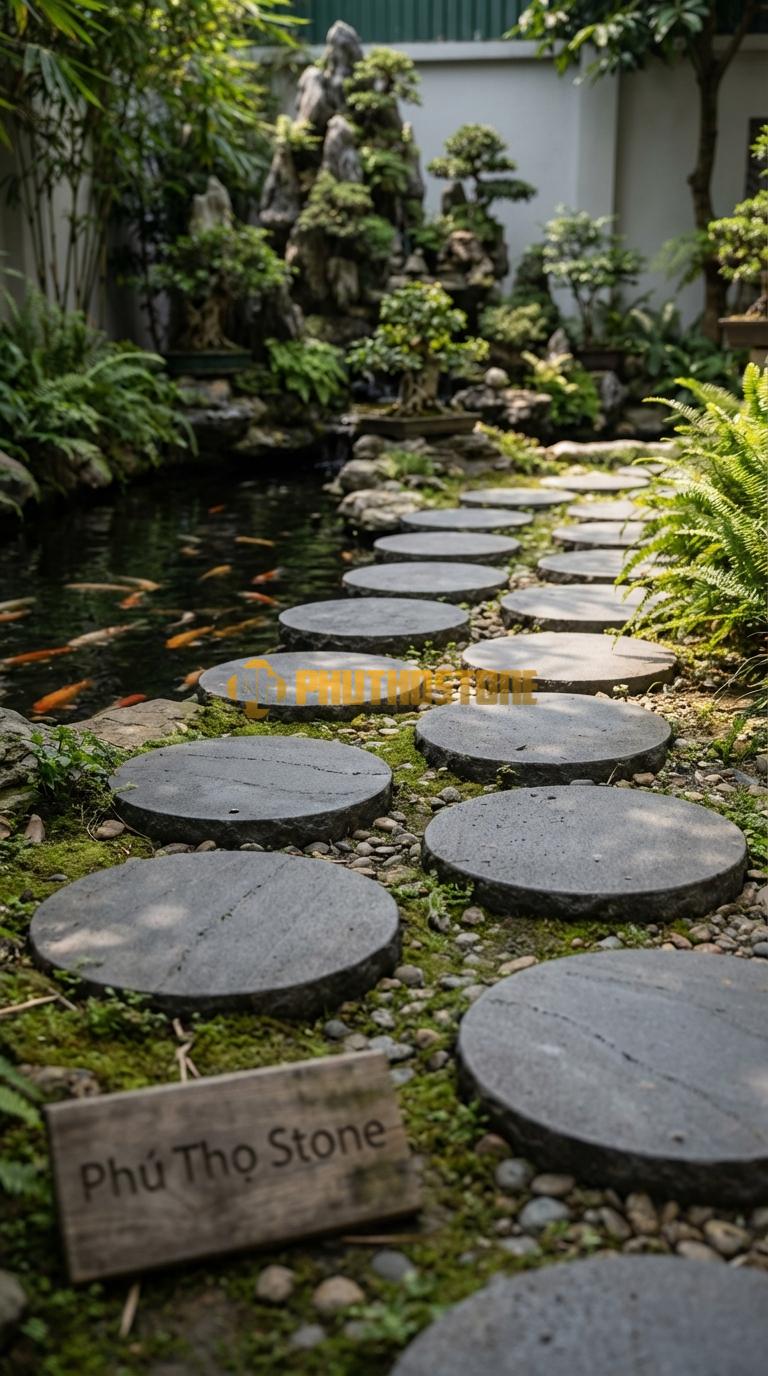 Đá Bước Dạo Quy Cách Tròn Xoay Tâm Đá Granite Phi 40, Dày 5, Bề Mặt Mài Mờ (Honed)