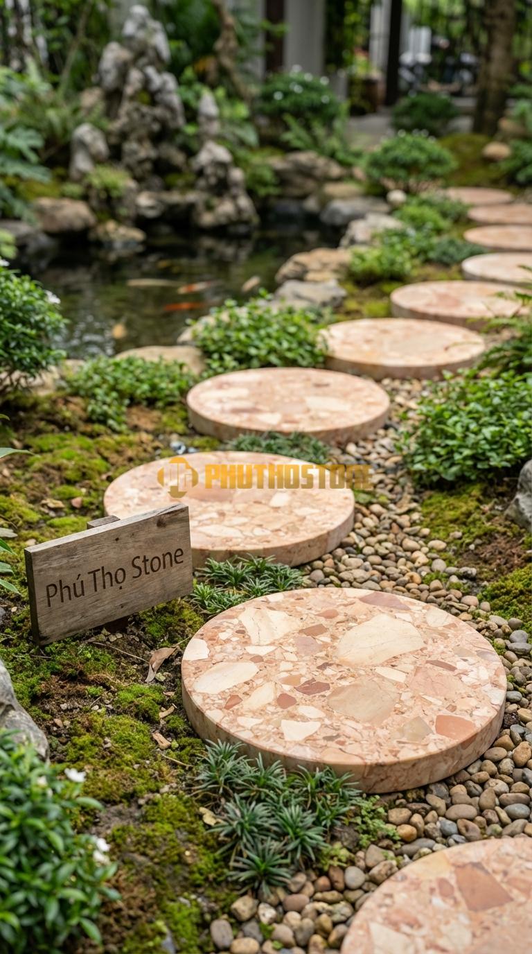 Đá Bước Dạo Quy Cách Tròn Xoay Tâm Đá Hồng Phi 40, Dày 5, Bề Mặt Mài Mờ (Honed)